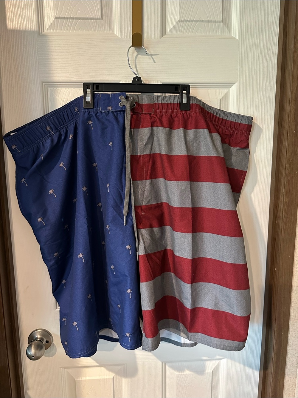 Men's Two-Tone Swim Trunks — Navy Palm & Red/Gray Stripe True Nation 4XL